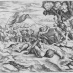 David raising sword to decapitate a fallen Goliath among battling soldiers